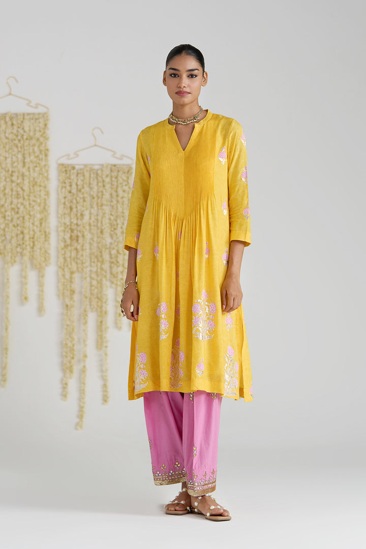 Gulnaar Mustard Foil Print Pintuck Kurta With Embroidered Salwar And Dupatta ( Set Of 3)