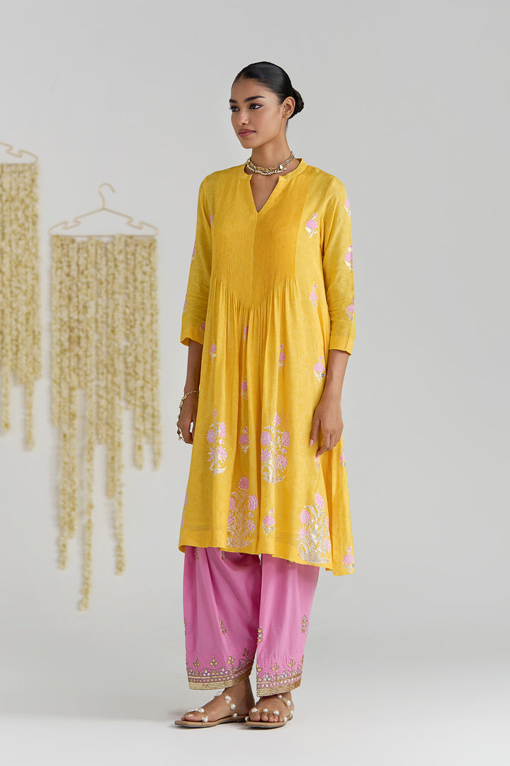 Gulnaar Mustard Foil Print Pintuck Kurta With Embroidered Salwar And Dupatta ( Set Of 3)