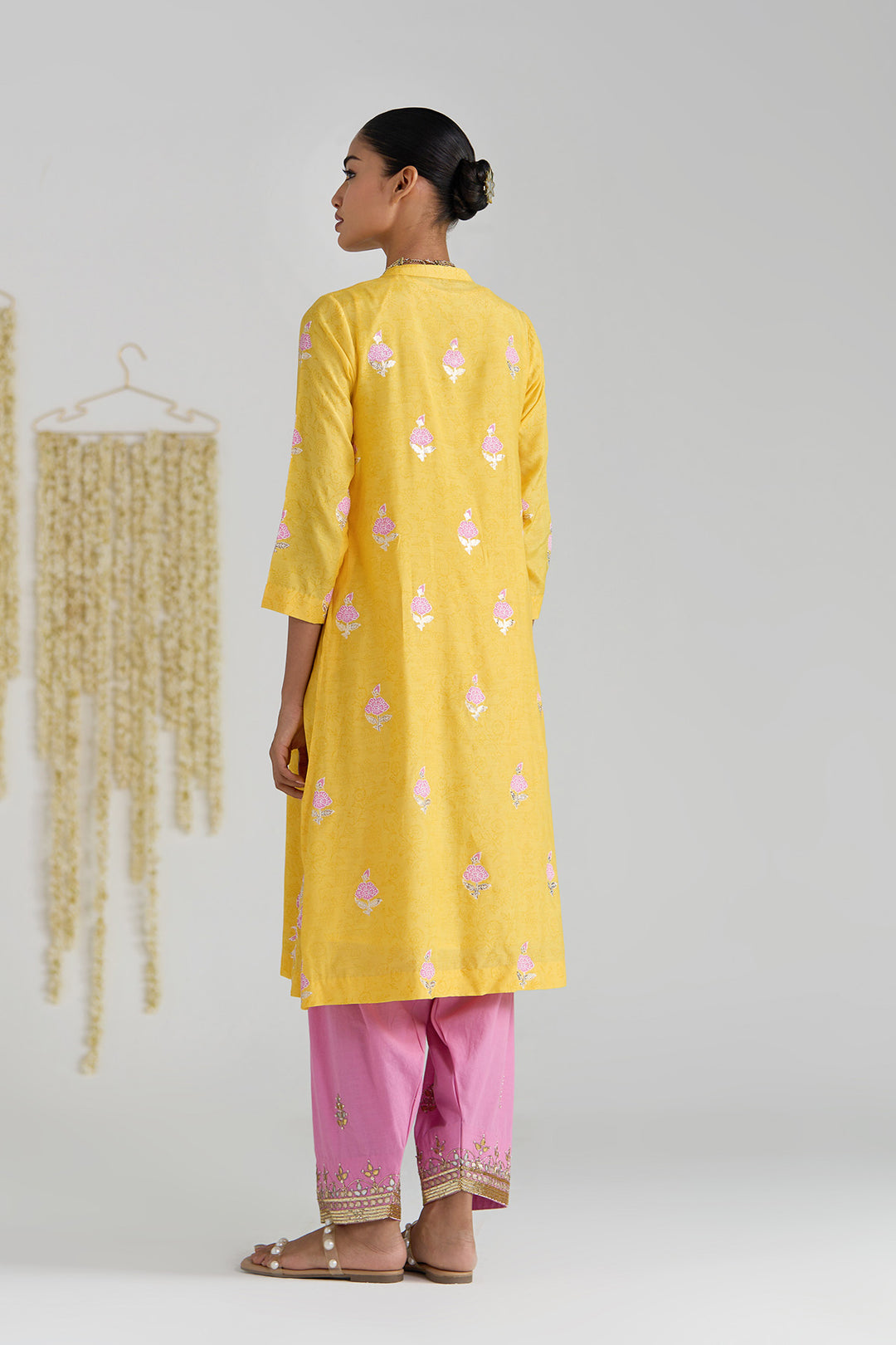 Gulnaar Mustard Foil Print Pintuck Kurta With Embroidered Salwar And Dupatta ( Set Of 3)