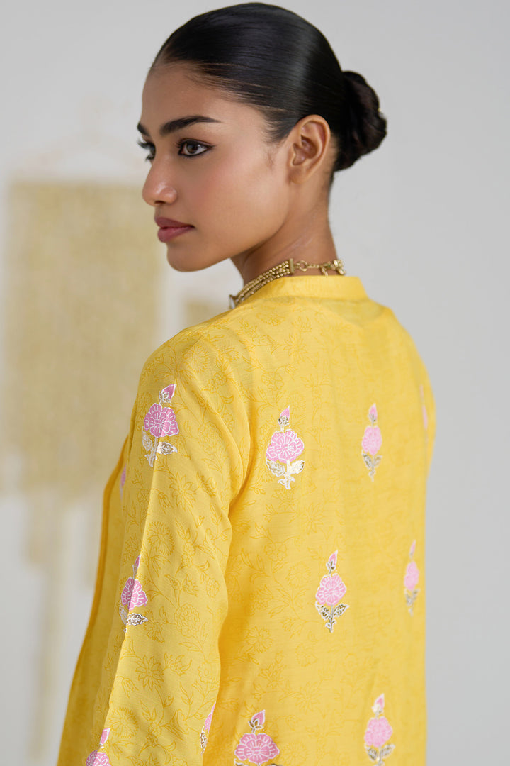 Gulnaar Mustard Foil Print Pintuck Kurta With Embroidered Salwar And Dupatta ( Set Of 3)