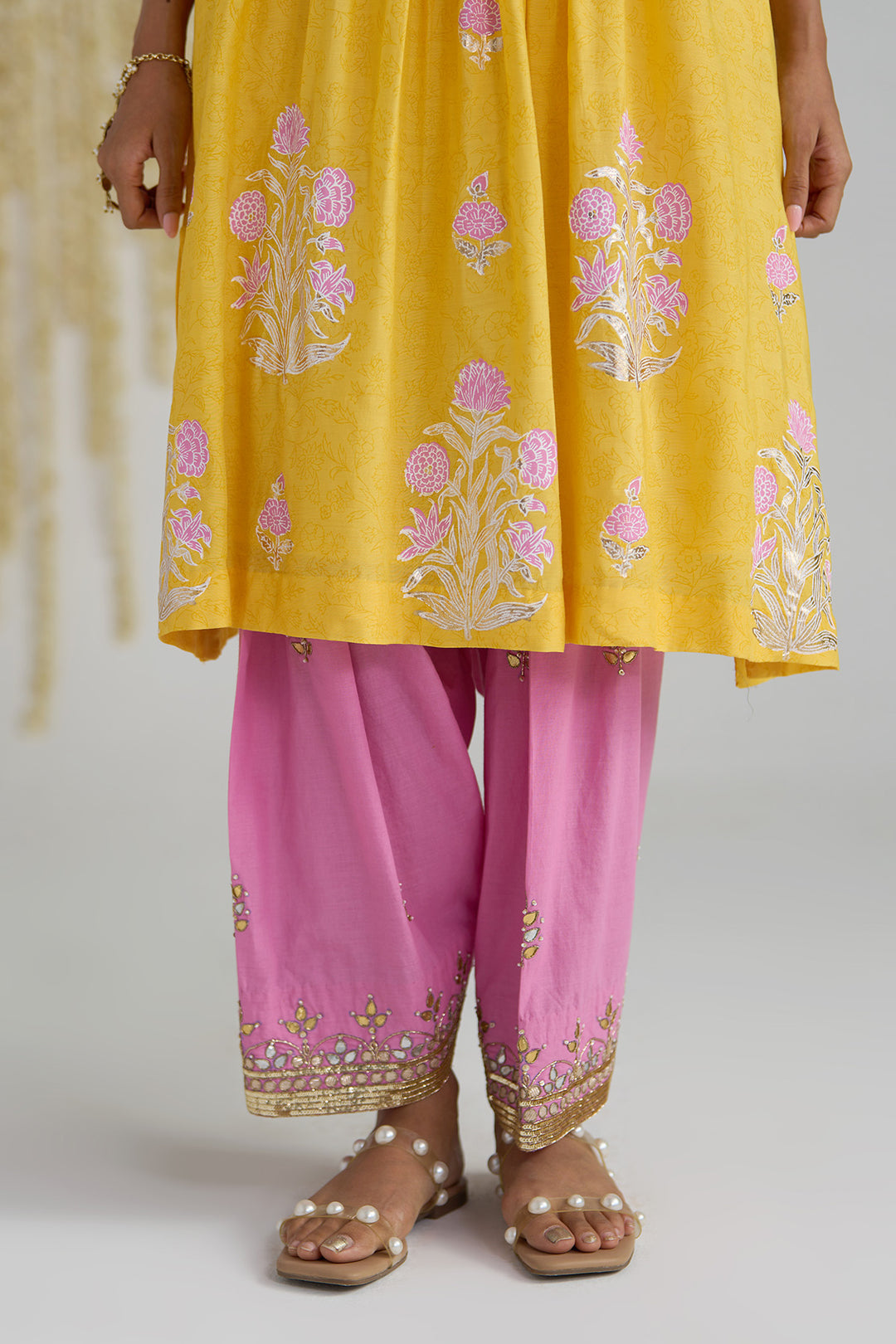Gulnaar Mustard Foil Print Pintuck Kurta With Embroidered Salwar And Dupatta ( Set Of 3)
