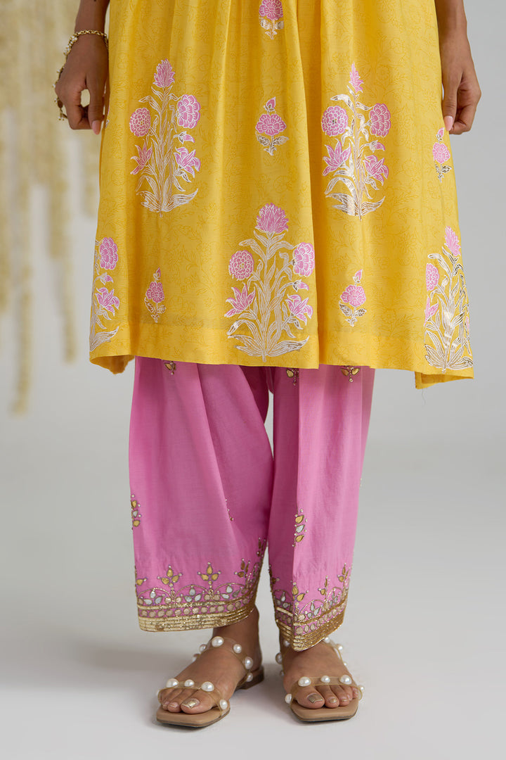 Gulnaar Mustard Foil Print Pintuck Kurta With Embroidered Salwar And Dupatta ( Set Of 3)
