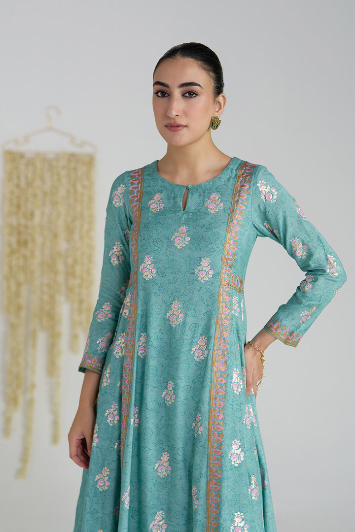 Gulnaar Turquoise Foil Print Mukaish Work Kurta With Palazzo And Dupatta (Set Of 3)