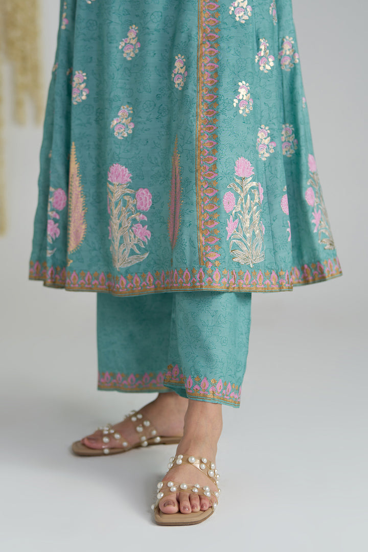 Gulnaar Turquoise Foil Print Mukaish Work Kurta With Palazzo And Dupatta (Set Of 3)
