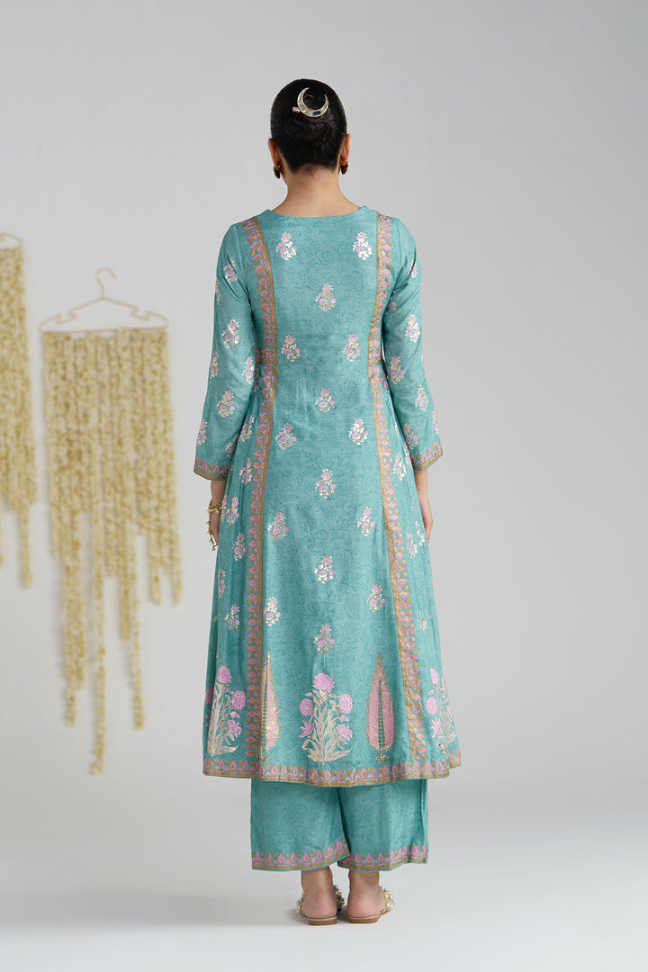 Gulnaar Turquoise Foil Print Mukaish Work Kurta With Palazzo And Dupatta (Set Of 3)