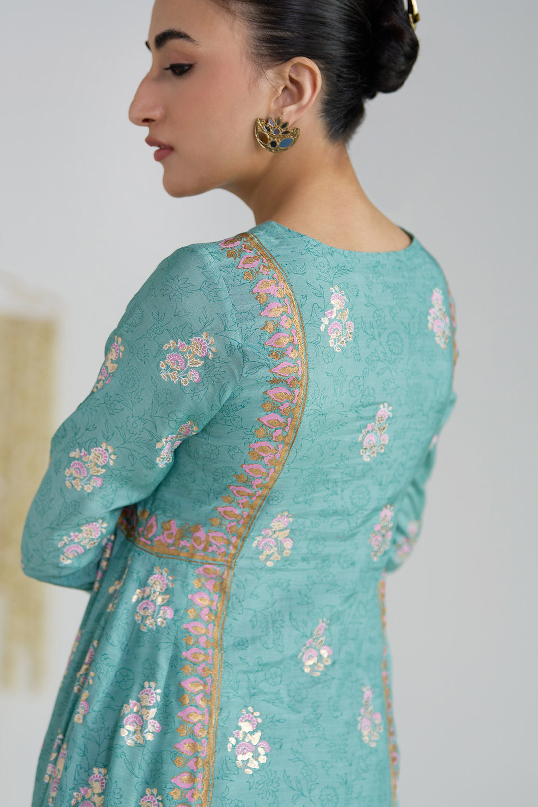 Gulnaar Turquoise Foil Print Mukaish Work Kurta With Palazzo And Dupatta (Set Of 3)