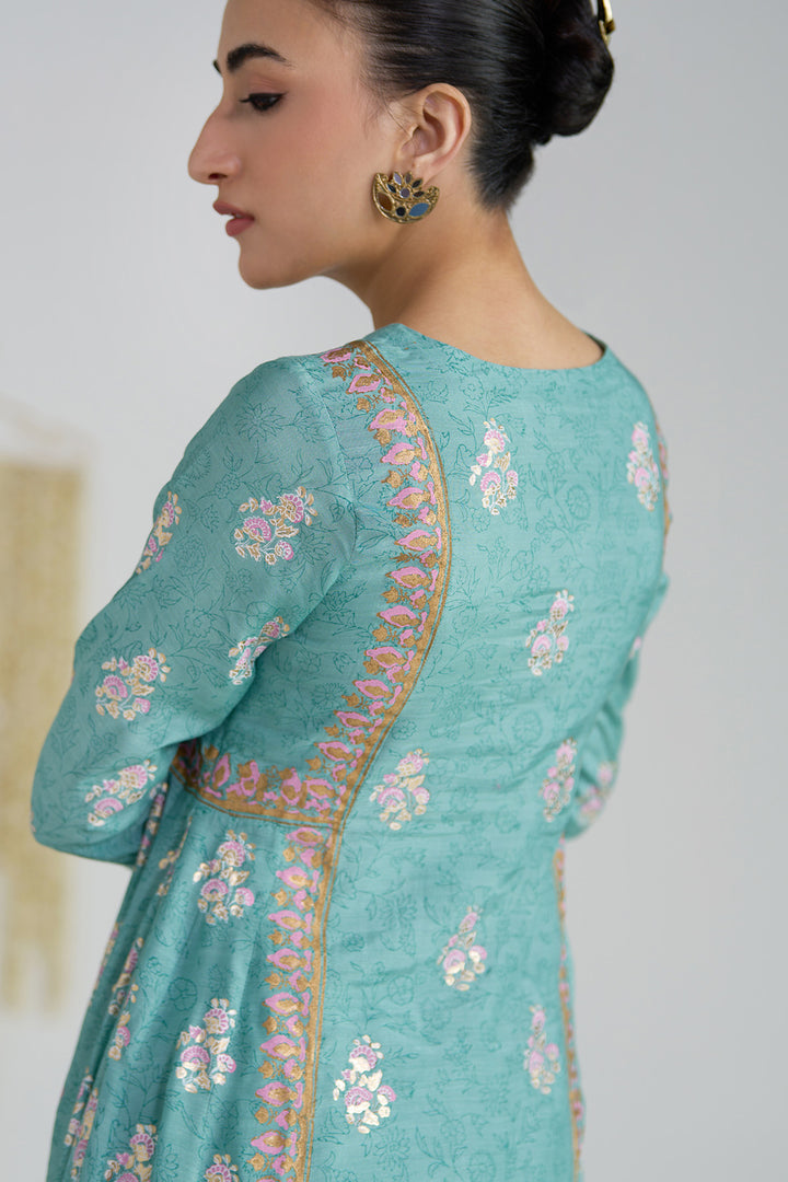 Gulnaar Turquoise Foil Print Mukaish Work Kurta With Palazzo And Dupatta (Set Of 3)