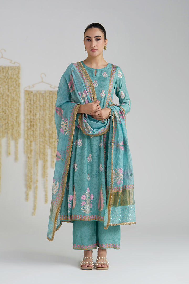 Gulnaar Turquoise Foil Print Mukaish Work Kurta With Palazzo And Dupatta (Set Of 3)
