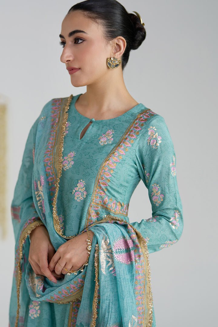 Gulnaar Turquoise Foil Print Mukaish Work Kurta With Palazzo And Dupatta (Set Of 3)