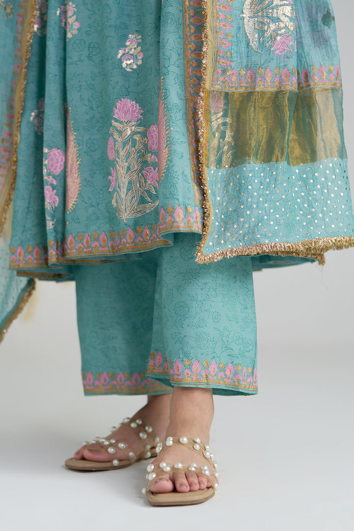 Gulnaar Turquoise Foil Print Mukaish Work Kurta With Palazzo And Dupatta (Set Of 3)