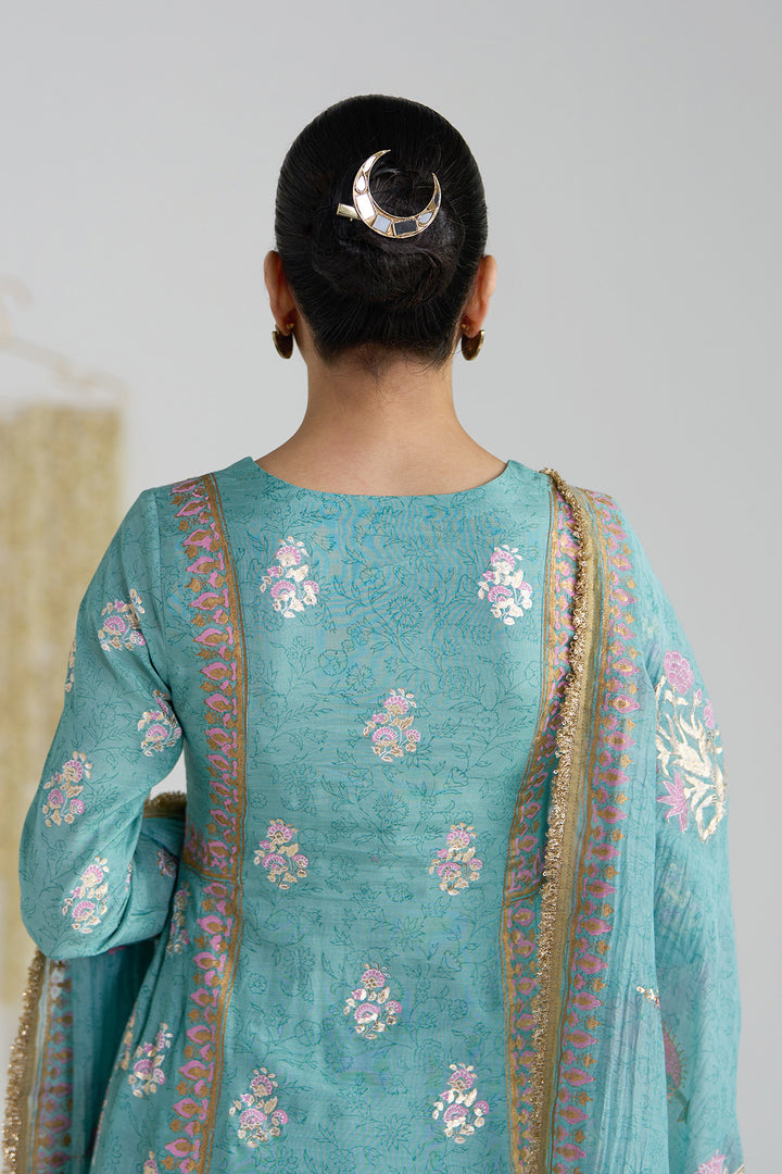 Gulnaar Turquoise Foil Print Mukaish Work Kurta With Palazzo And Dupatta (Set Of 3)