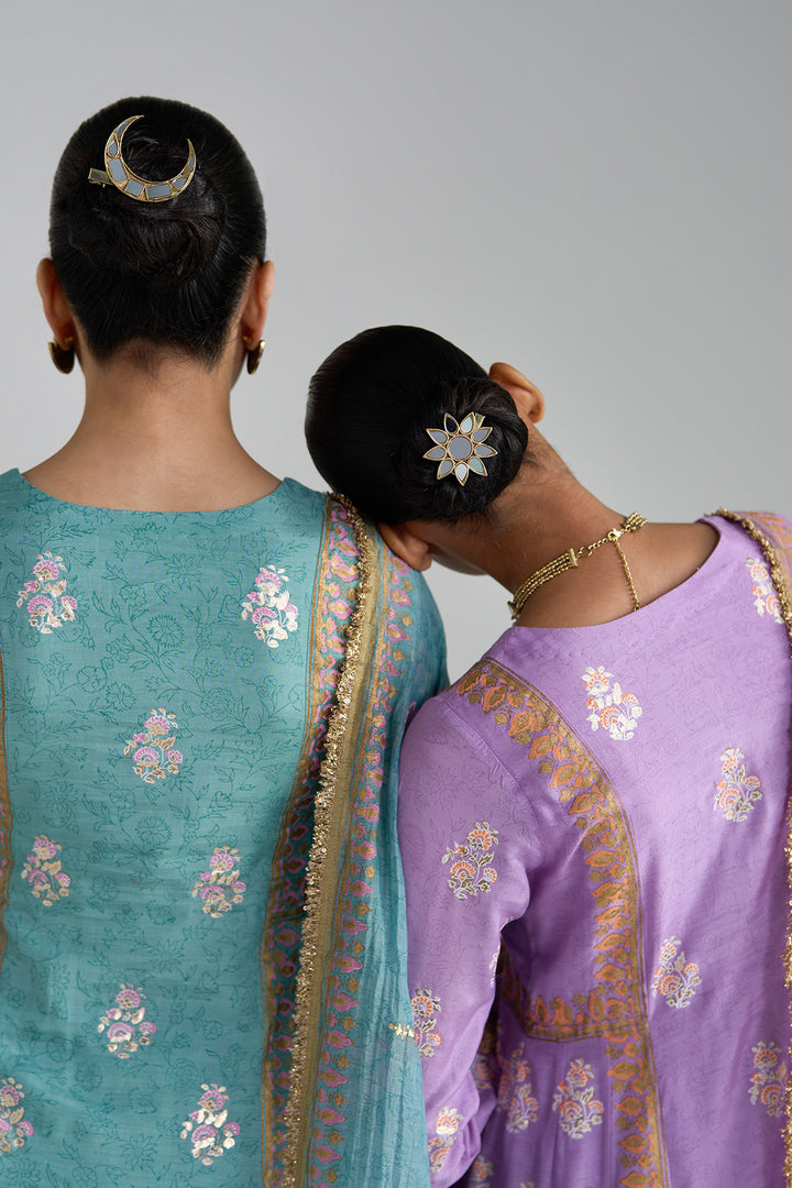 Gulnaar Lilac Foil Print Mukaish Work Kurta With Palazzo And Dupatta (Set Of 3)