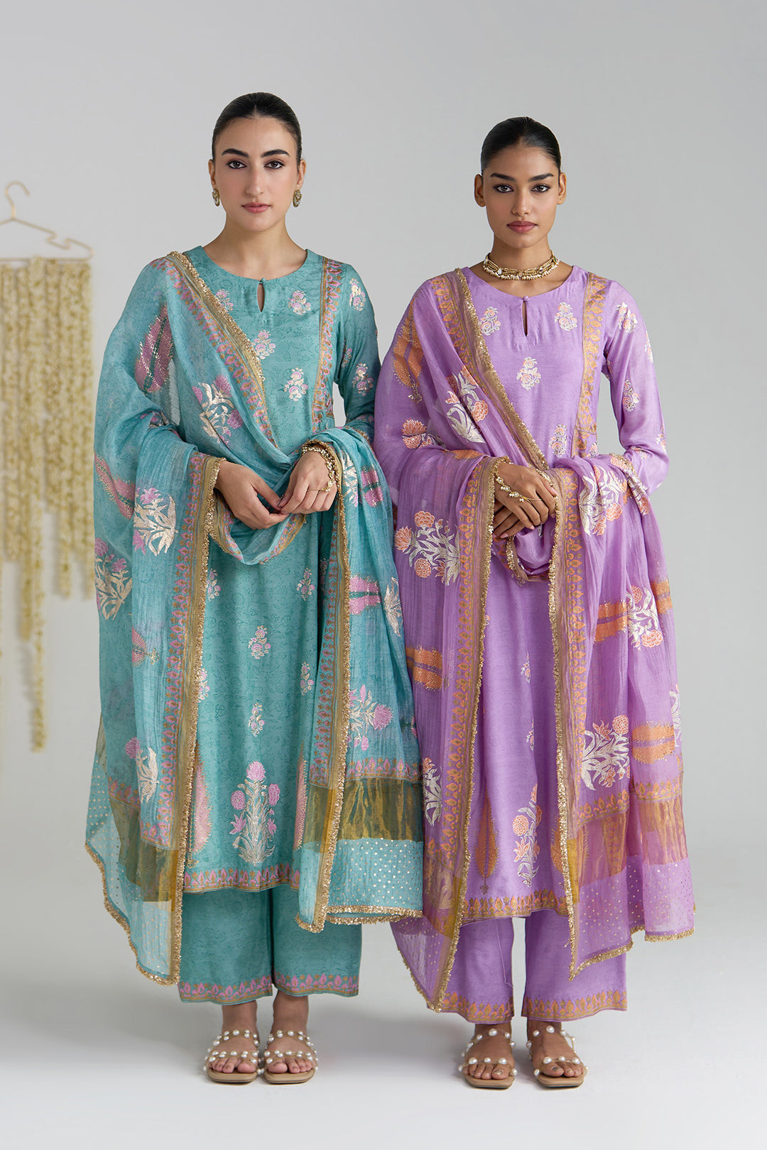 Gulnaar Lilac Foil Print Mukaish Work Kurta With Palazzo And Dupatta (Set Of 3)