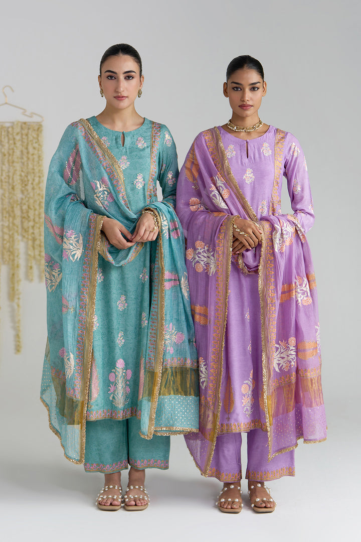 Gulnaar Turquoise Foil Print Mukaish Work Kurta With Palazzo And Dupatta (Set Of 3)