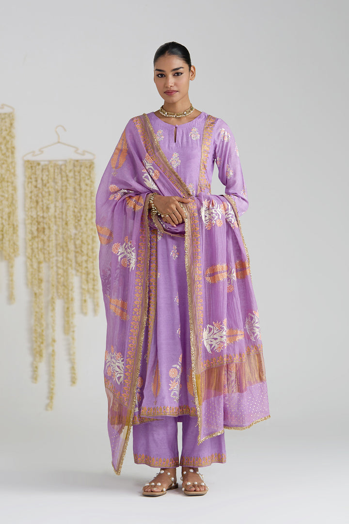 Gulnaar Lilac Foil Print Mukaish Work Kurta With Palazzo And Dupatta (Set Of 3)