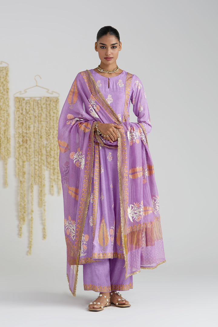Gulnaar Lilac Foil Print Mukaish Work Kurta With Palazzo And Dupatta (Set Of 3)