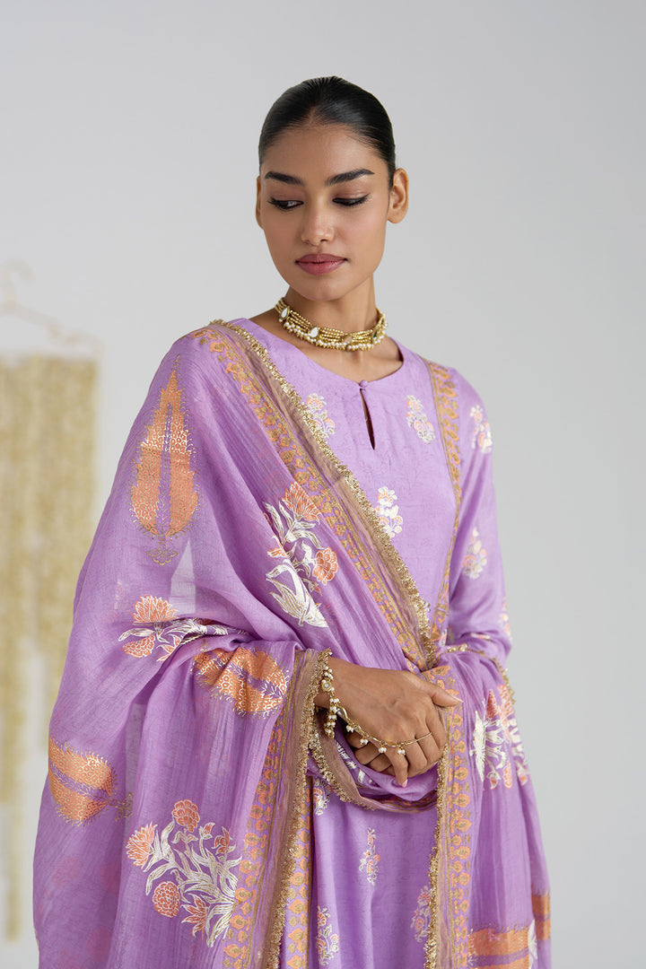 Gulnaar Lilac Foil Print Mukaish Work Kurta With Palazzo And Dupatta (Set Of 3)