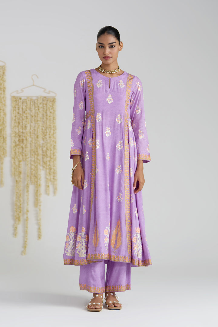 Gulnaar Lilac Foil Print Mukaish Work Kurta With Palazzo And Dupatta (Set Of 3)