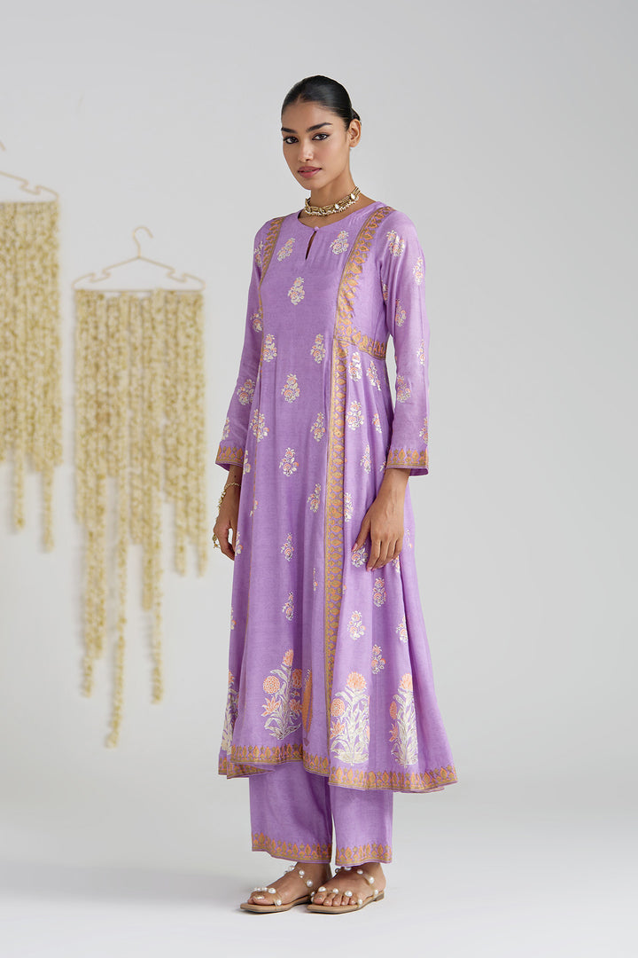 Gulnaar Lilac Foil Print Mukaish Work Kurta With Palazzo And Dupatta (Set Of 3)