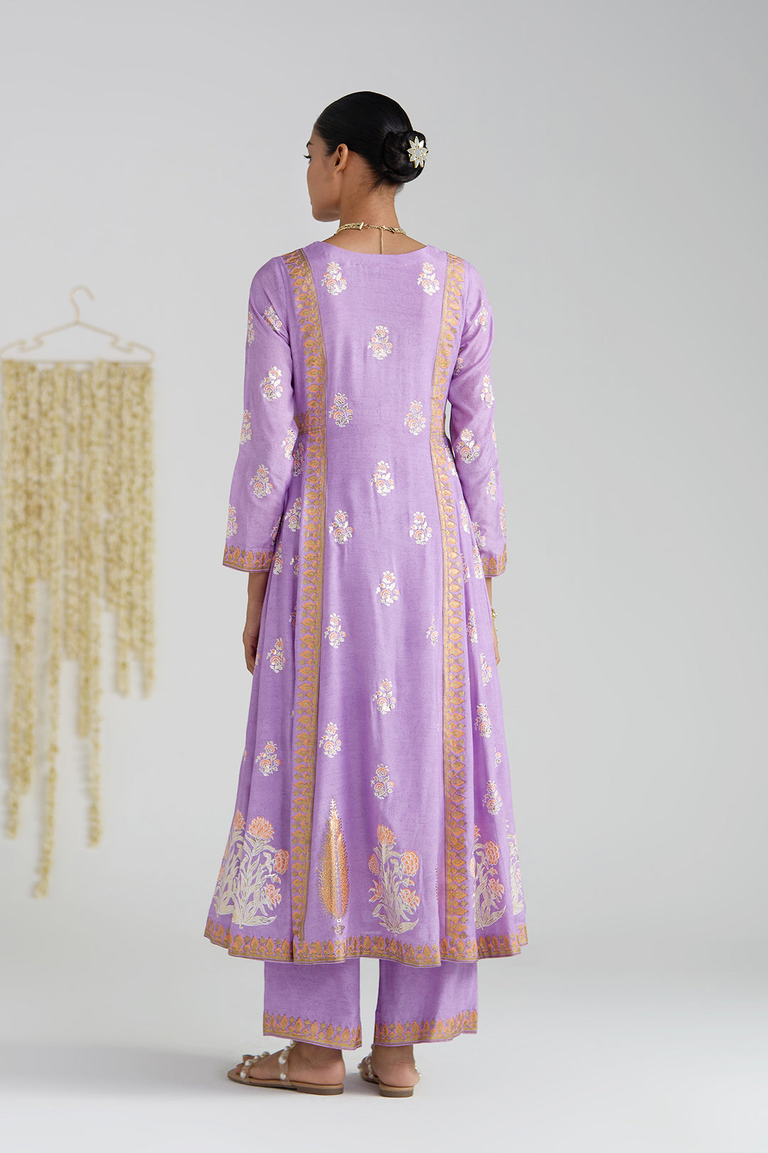 Gulnaar Lilac Foil Print Mukaish Work Kurta With Palazzo And Dupatta (Set Of 3)