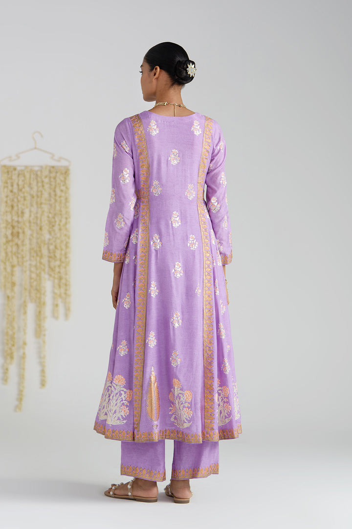 Gulnaar Lilac Foil Print Mukaish Work Kurta With Palazzo And Dupatta (Set Of 3)