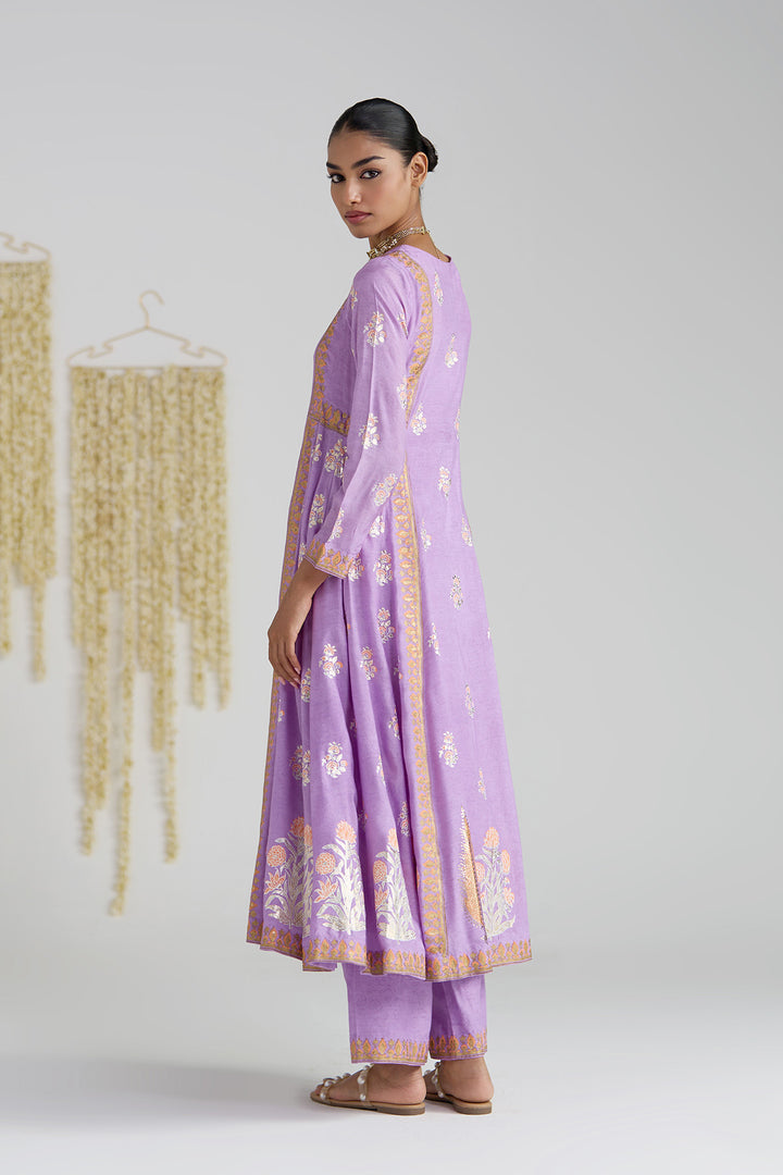 Gulnaar Lilac Foil Print Mukaish Work Kurta With Palazzo And Dupatta (Set Of 3)
