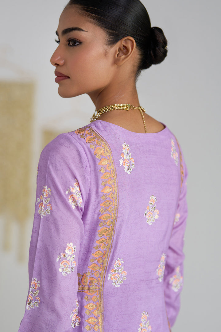 Gulnaar Lilac Foil Print Mukaish Work Kurta With Palazzo And Dupatta (Set Of 3)