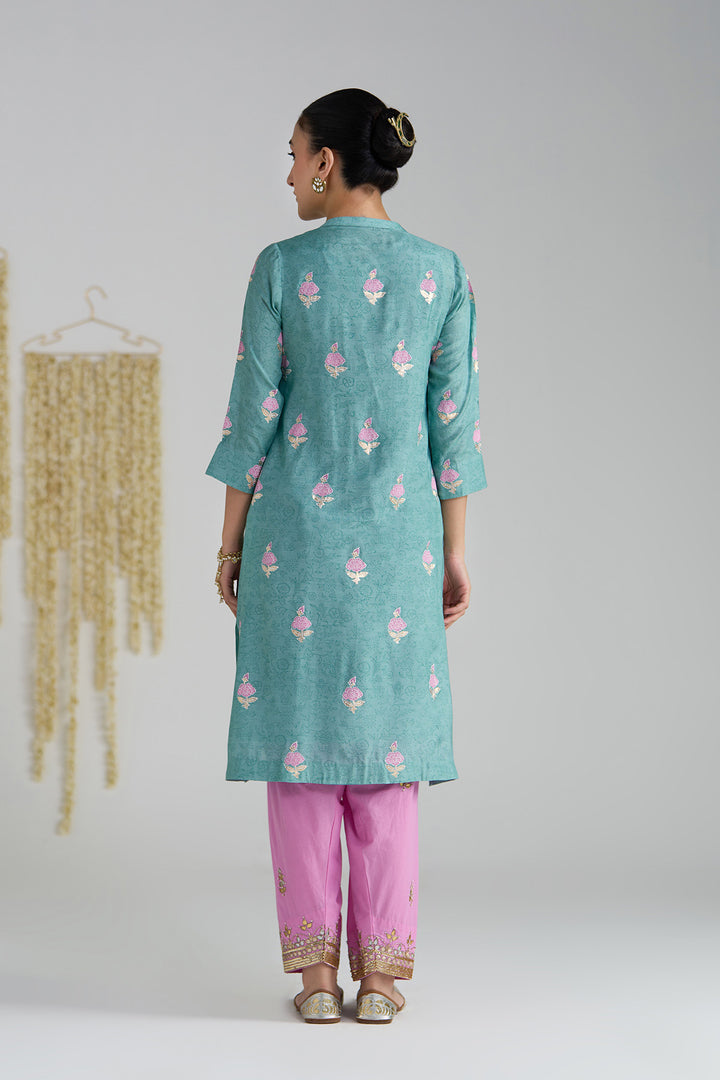Gulnaar Turquoise Foil Print Pintuck Kurta With Embroidered Salwar And Dupatta ( Set Of 3)
