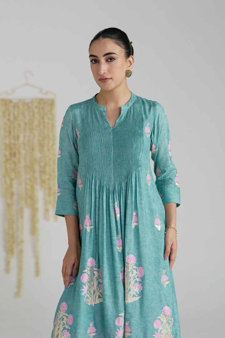 Gulnaar Turquoise Foil Print Pintuck Kurta With Embroidered Salwar And Dupatta ( Set Of 3)
