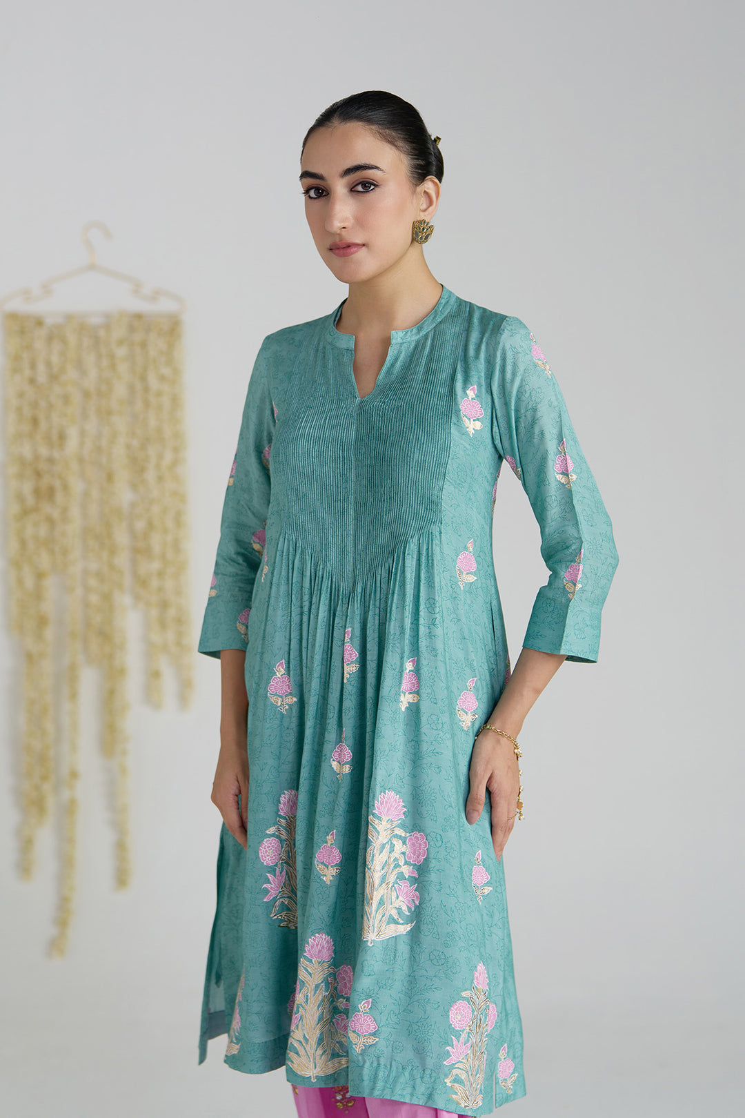 Gulnaar Turquoise Foil Print Pintuck Kurta With Embroidered Salwar And Dupatta ( Set Of 3)