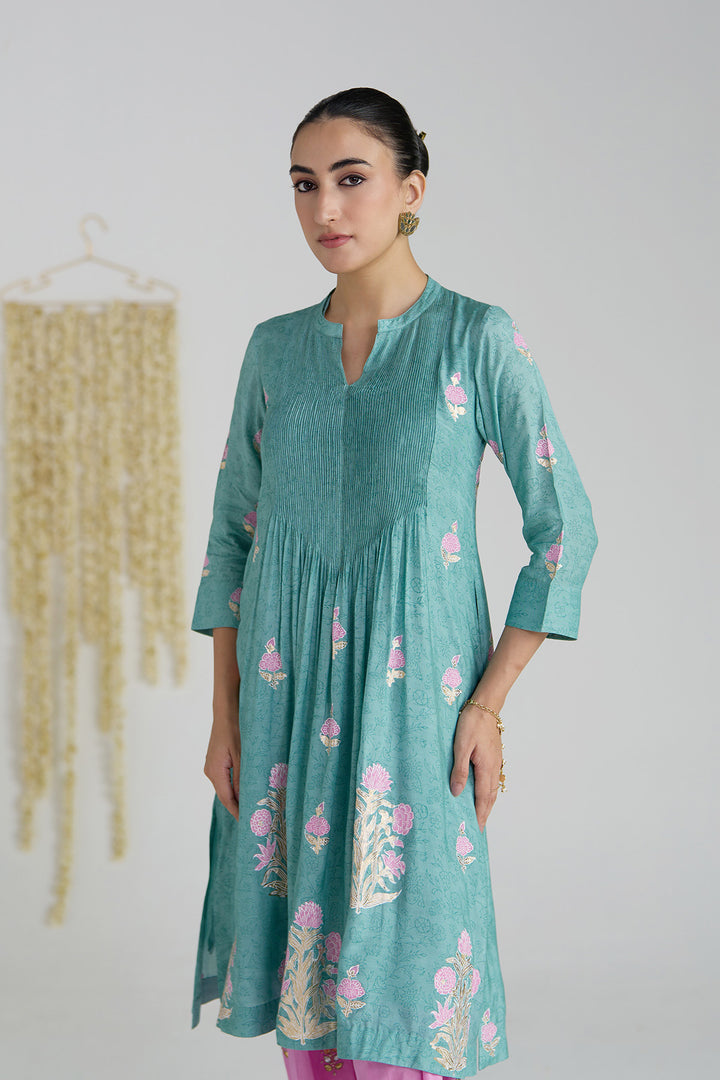 Gulnaar Turquoise Foil Print Pintuck Kurta With Embroidered Salwar And Dupatta ( Set Of 3)