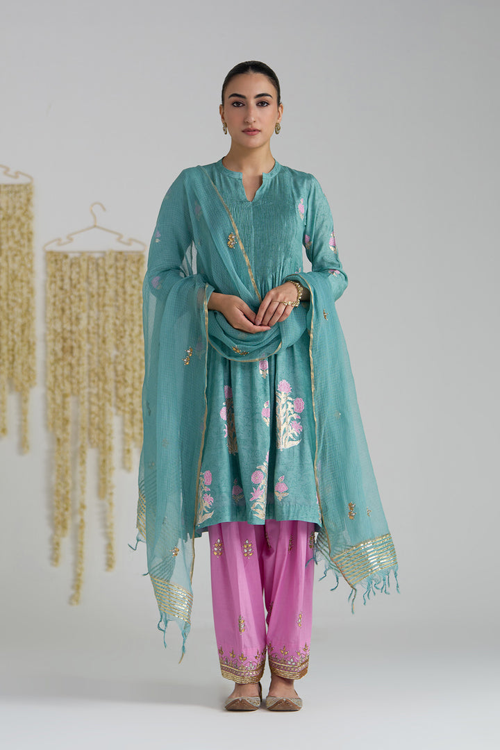 Gulnaar Turquoise Foil Print Pintuck Kurta With Embroidered Salwar And Dupatta ( Set Of 3)