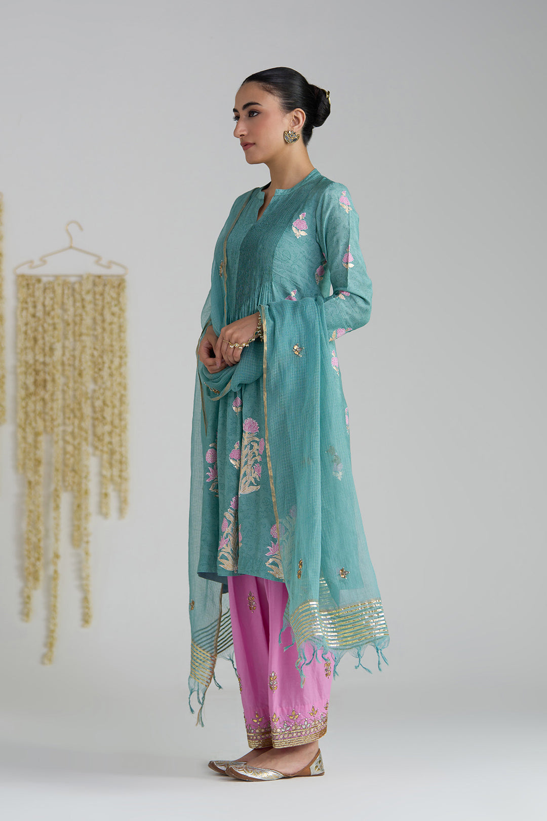 Gulnaar Turquoise Foil Print Pintuck Kurta With Embroidered Salwar And Dupatta ( Set Of 3)