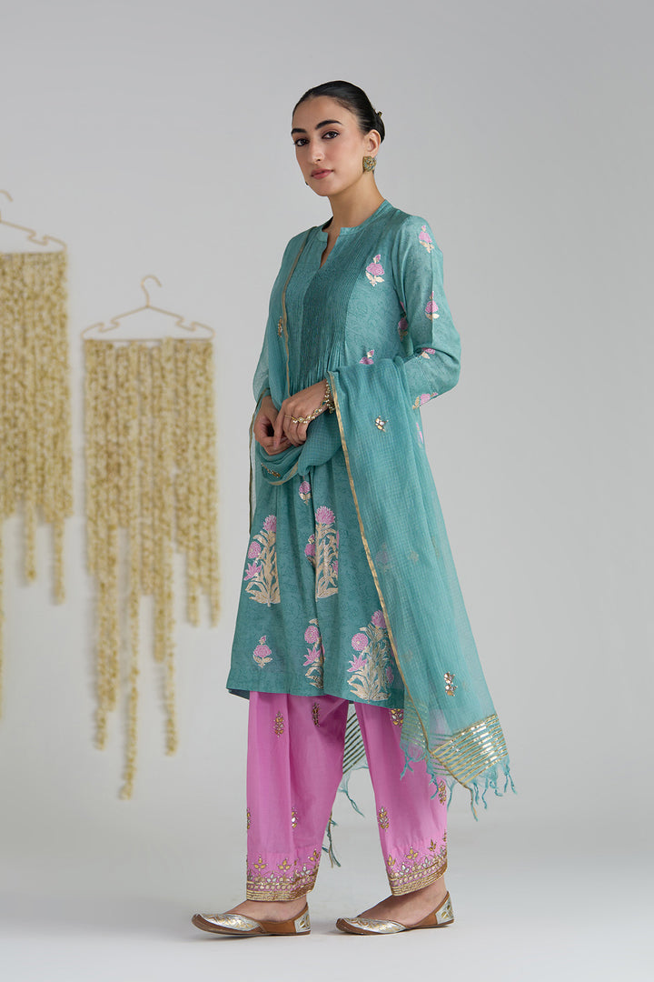 Gulnaar Turquoise Foil Print Pintuck Kurta With Embroidered Salwar And Dupatta ( Set Of 3)