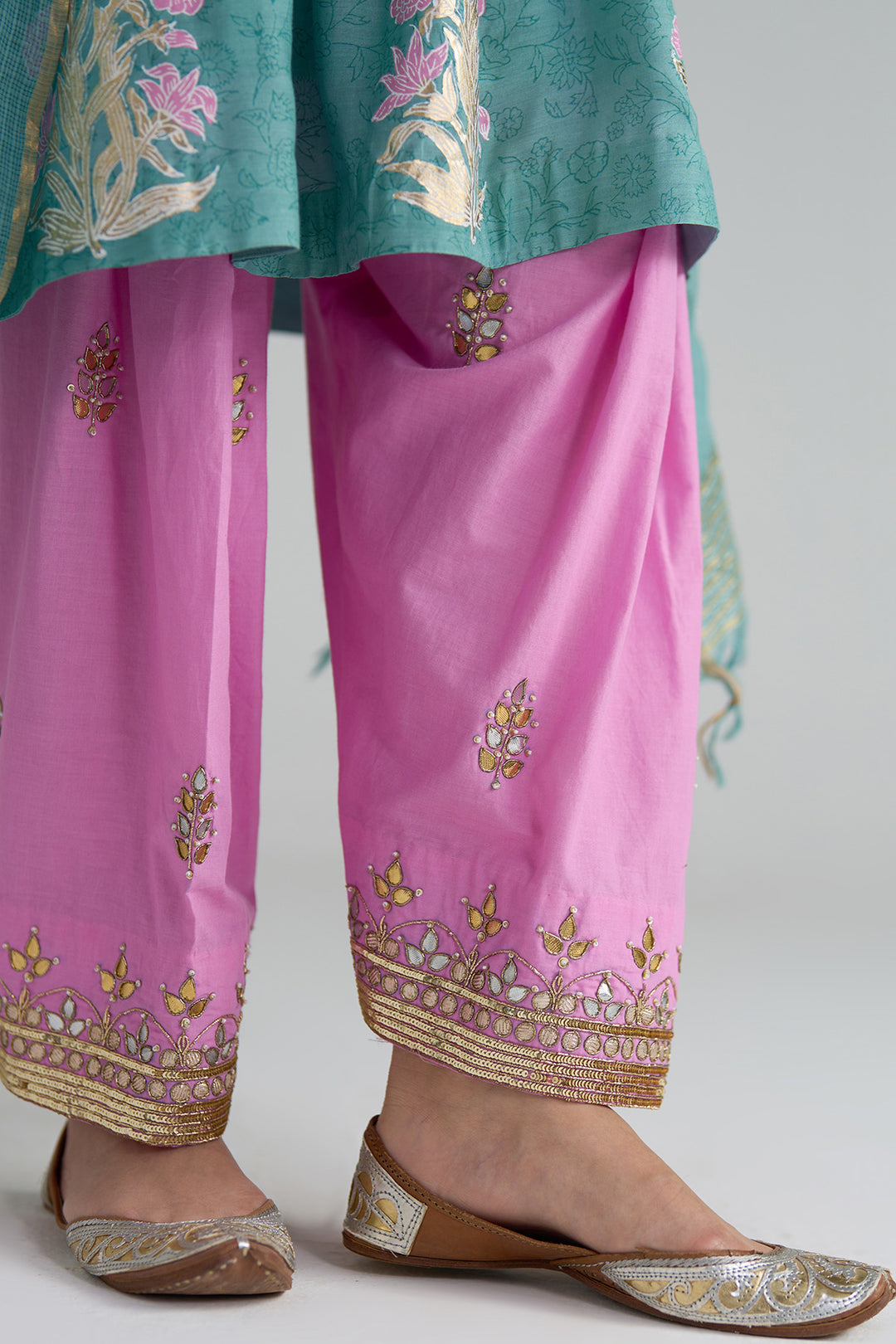 Gulnaar Turquoise Foil Print Pintuck Kurta With Embroidered Salwar And Dupatta ( Set Of 3)