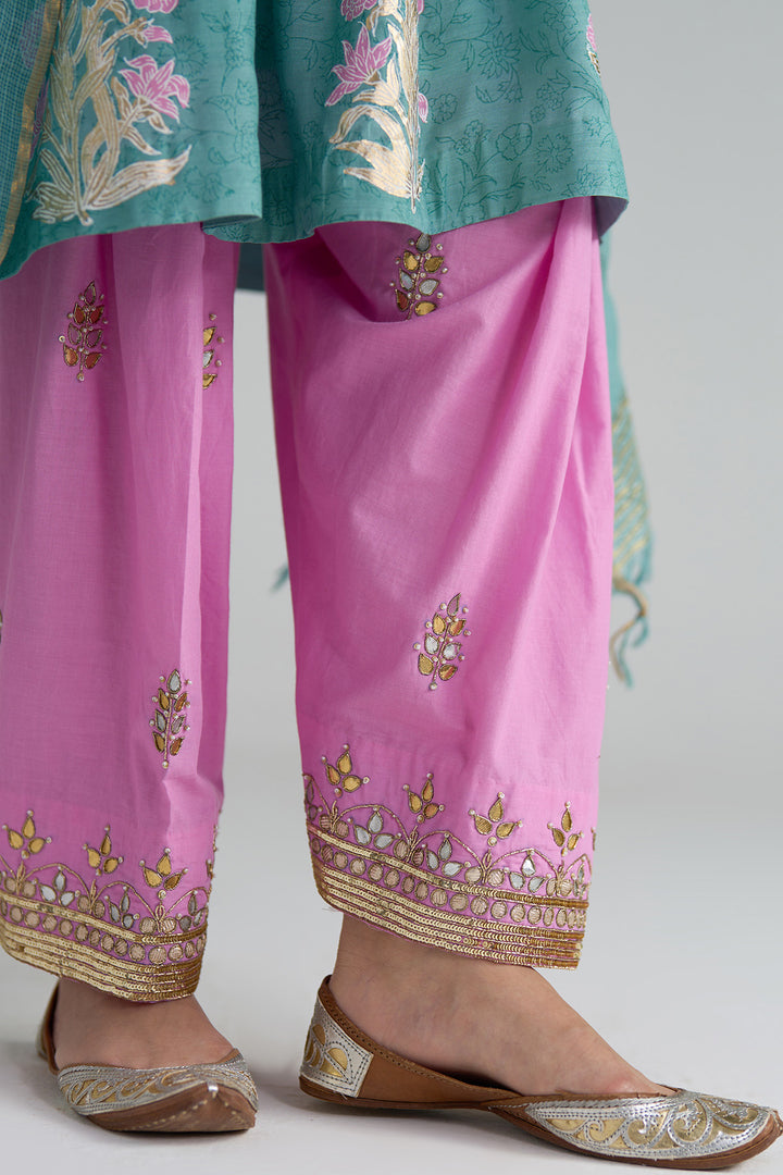 Gulnaar Turquoise Foil Print Pintuck Kurta With Embroidered Salwar And Dupatta ( Set Of 3)