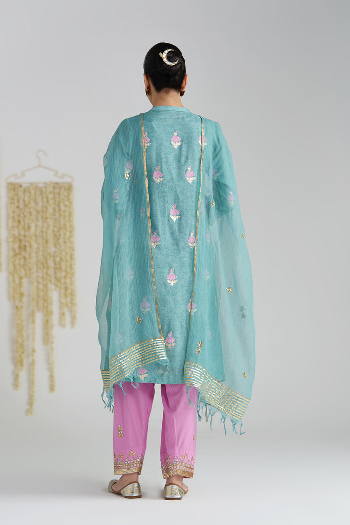 Gulnaar Turquoise Foil Print Pintuck Kurta With Embroidered Salwar And Dupatta ( Set Of 3)