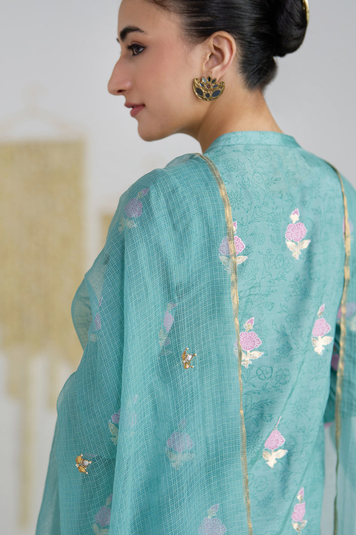 Gulnaar Turquoise Foil Print Pintuck Kurta With Embroidered Salwar And Dupatta ( Set Of 3)