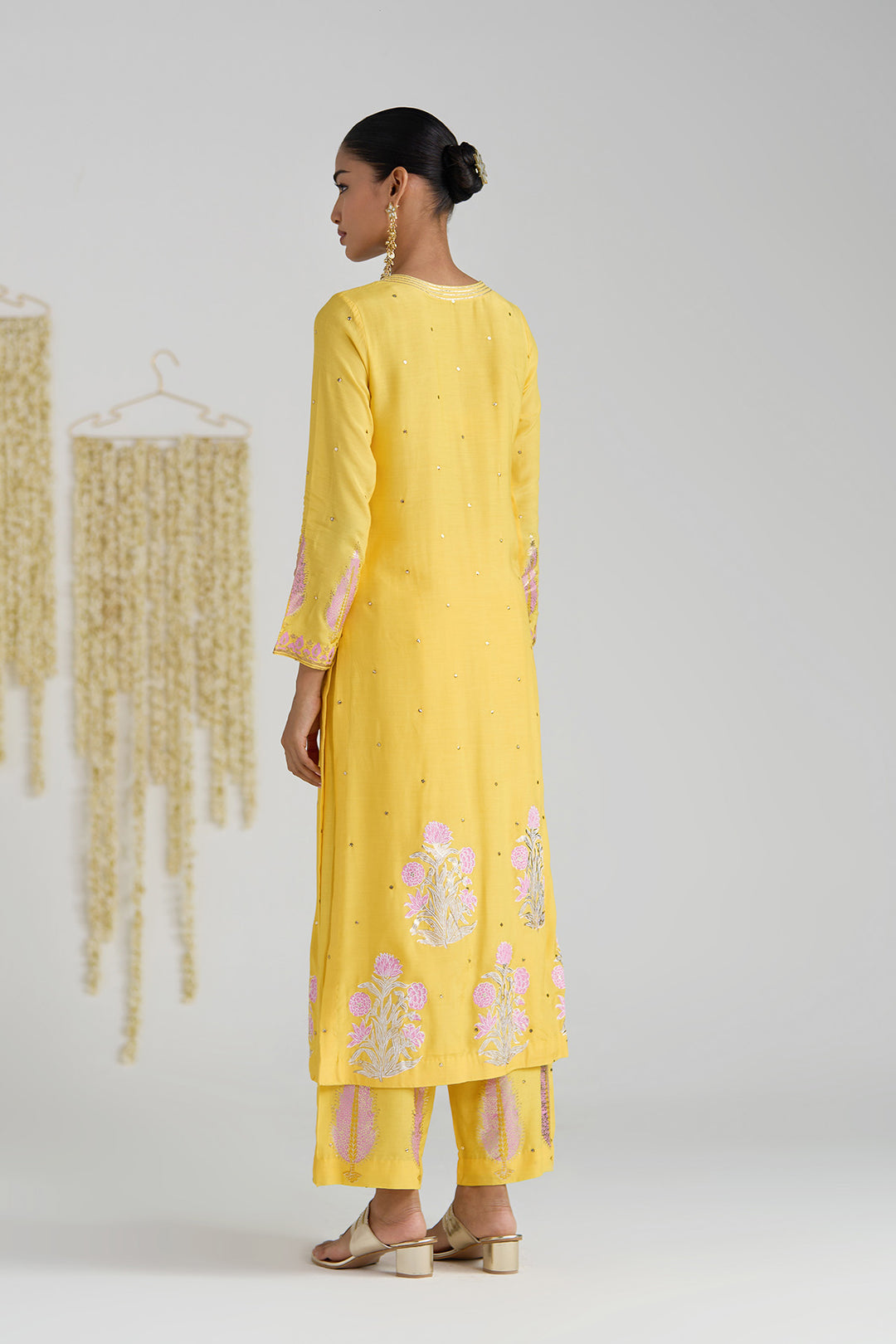 Gulnaar Mustard Foil Printed Straight Kurta With Palazzo And Dupatta ( Set Of 3)