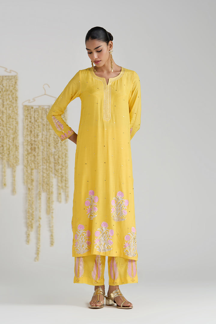 Gulnaar Mustard Foil Printed Straight Kurta With Palazzo And Dupatta ( Set Of 3)