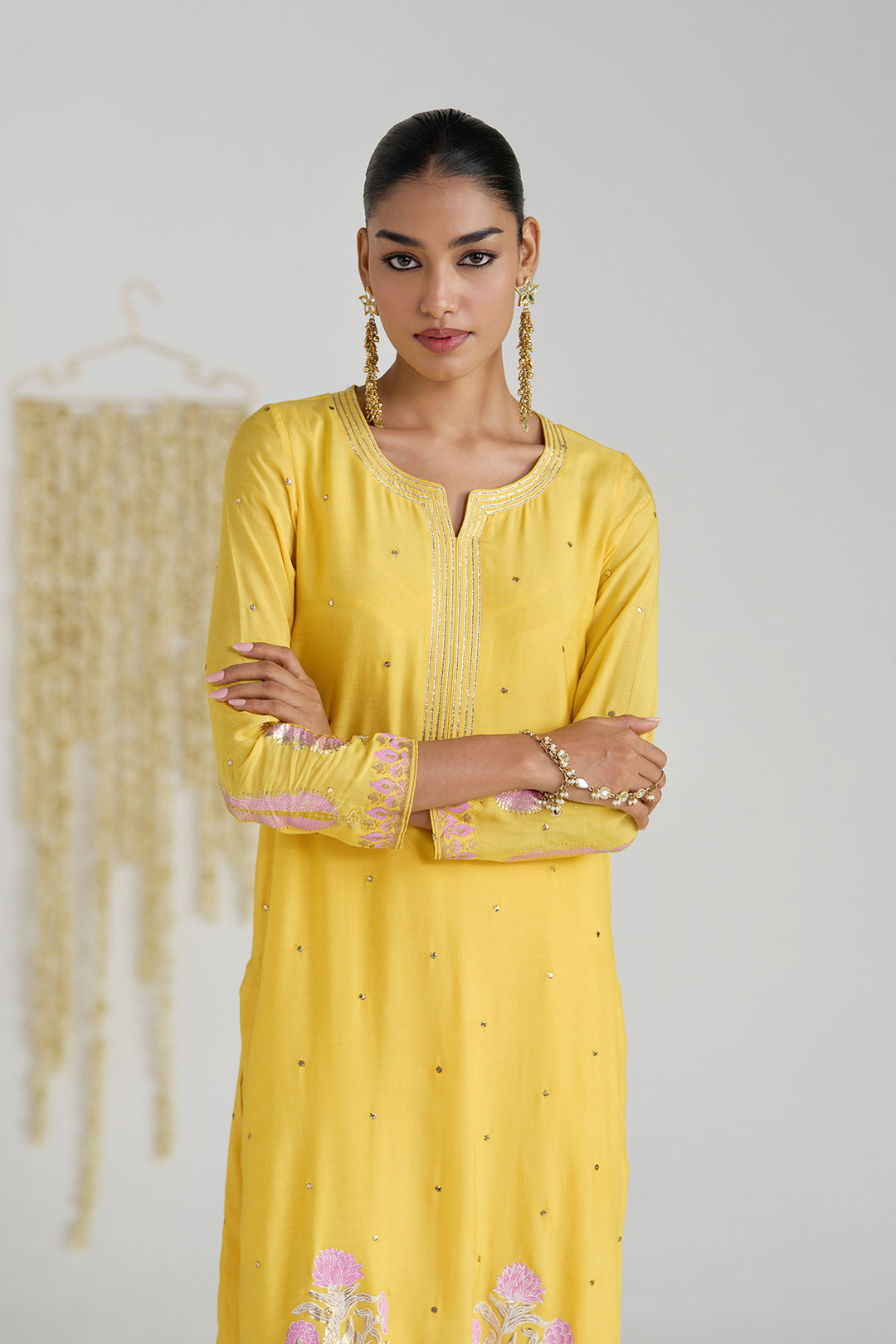 Gulnaar Mustard Foil Printed Straight Kurta With Palazzo And Dupatta ( Set Of 3)