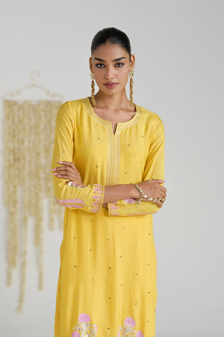 Gulnaar Mustard Foil Printed Straight Kurta With Palazzo And Dupatta ( Set Of 3)