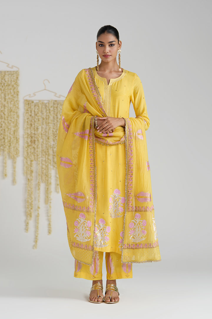 Gulnaar Mustard Foil Printed Straight Kurta With Palazzo And Dupatta ( Set Of 3)
