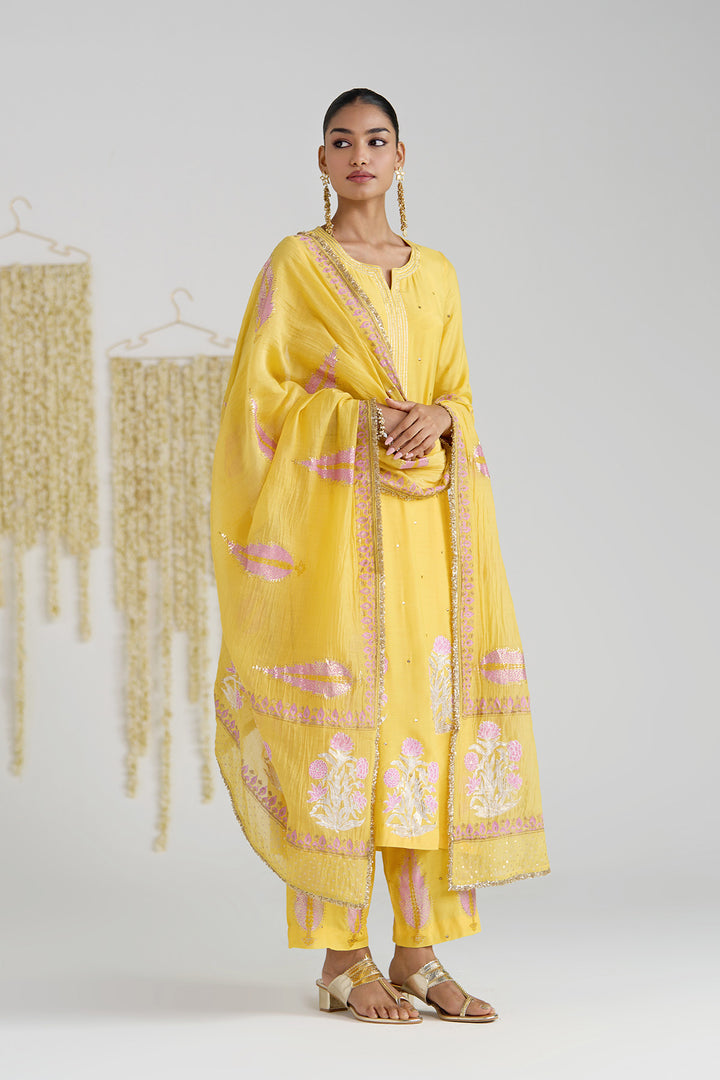 Gulnaar Mustard Foil Printed Straight Kurta With Palazzo And Dupatta ( Set Of 3)