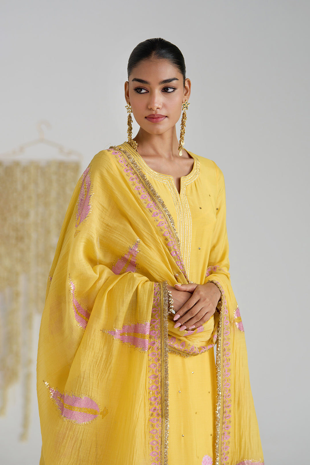 Gulnaar Mustard Foil Printed Straight Kurta With Palazzo And Dupatta ( Set Of 3)