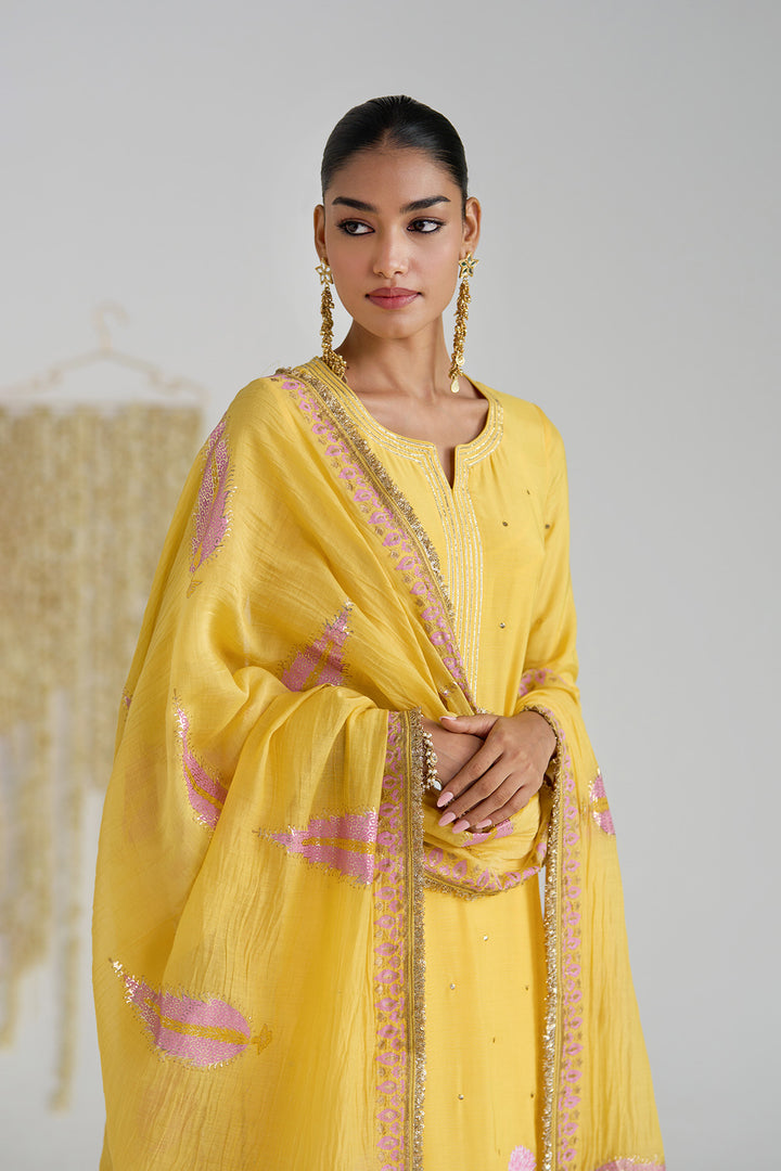 Gulnaar Mustard Foil Printed Straight Kurta With Palazzo And Dupatta ( Set Of 3)