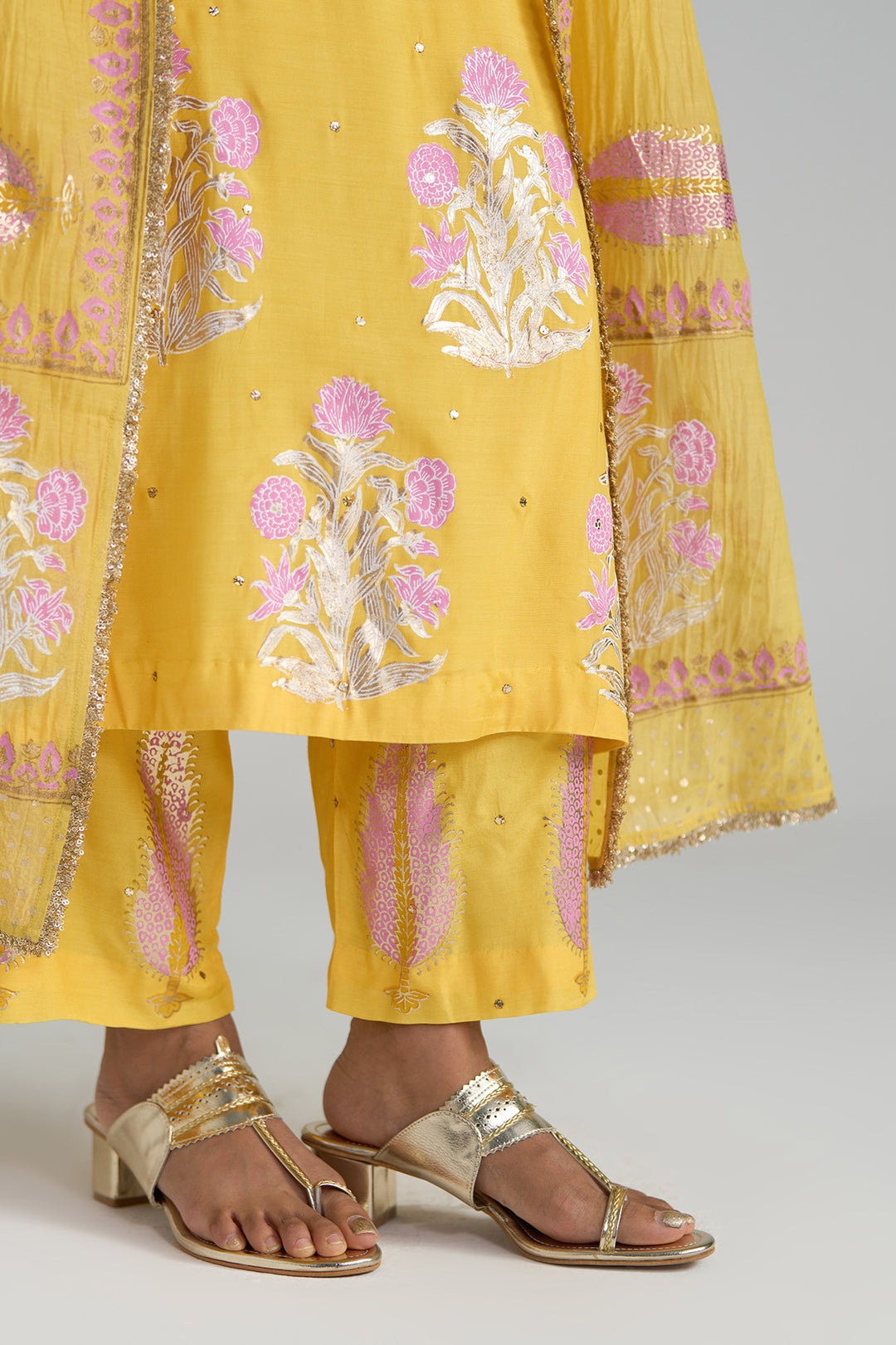 Gulnaar Mustard Foil Printed Straight Kurta With Palazzo And Dupatta ( Set Of 3)