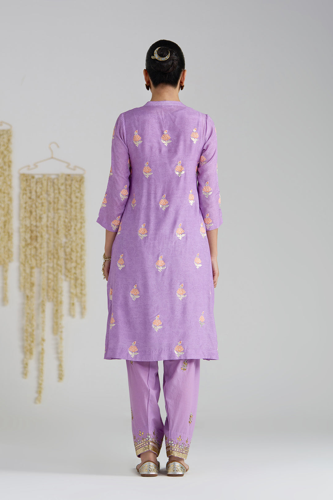 Gulnaar Lilac Foil Print Pintuck Kurta With Embroidered Salwar And Dupatta ( Set Of 3)