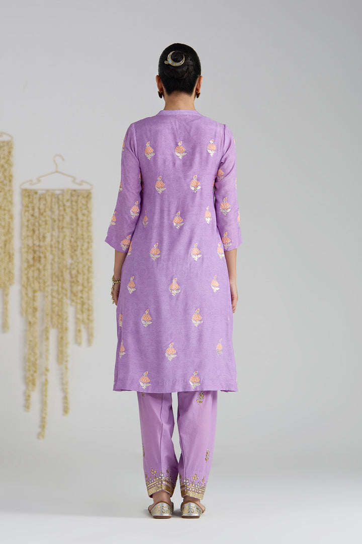 Gulnaar Lilac Foil Print Pintuck Kurta With Embroidered Salwar And Dupatta ( Set Of 3)