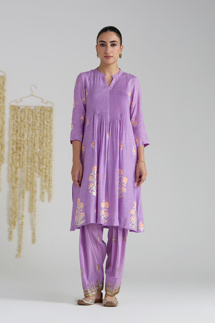 Gulnaar Lilac Foil Print Pintuck Kurta With Embroidered Salwar And Dupatta ( Set Of 3)